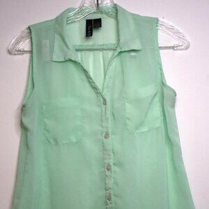 Women's Med Fun & Flirt Green Sheer Button Down Collared Shirt Coastal Grandma